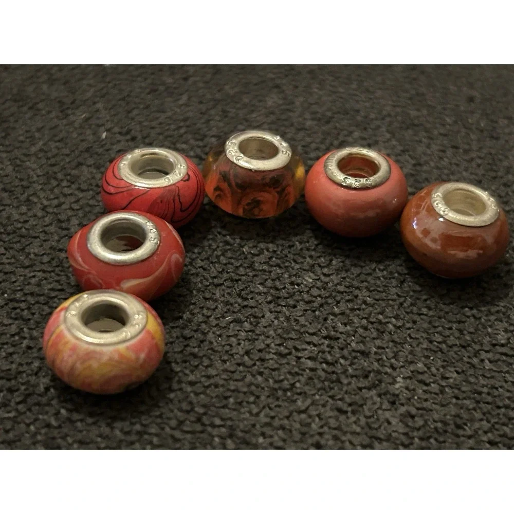 Lot of 6 Sterling Silver Core Bracelet Charm Beads Lampwork Glass Style 925 1